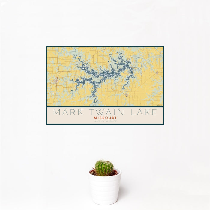 12x18 Mark Twain Lake Missouri Map Print Landscape Orientation in Woodblock Style With Small Cactus Plant in White Planter