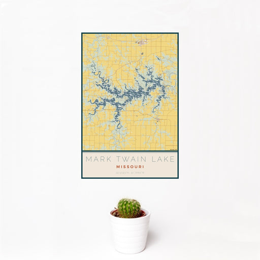 12x18 Mark Twain Lake Missouri Map Print Portrait Orientation in Woodblock Style With Small Cactus Plant in White Planter