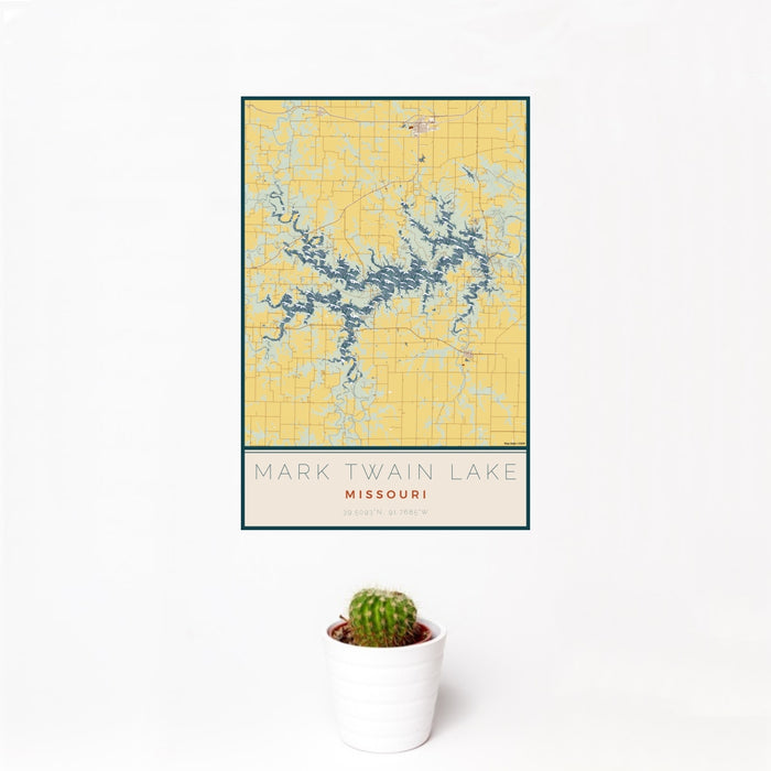 12x18 Mark Twain Lake Missouri Map Print Portrait Orientation in Woodblock Style With Small Cactus Plant in White Planter