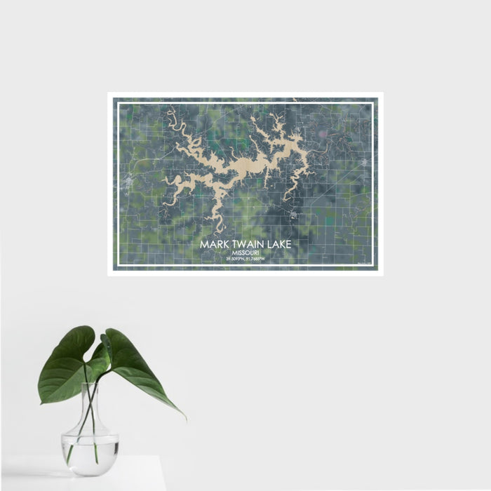 16x24 Mark Twain Lake Missouri Map Print Landscape Orientation in Afternoon Style With Tropical Plant Leaves in Water