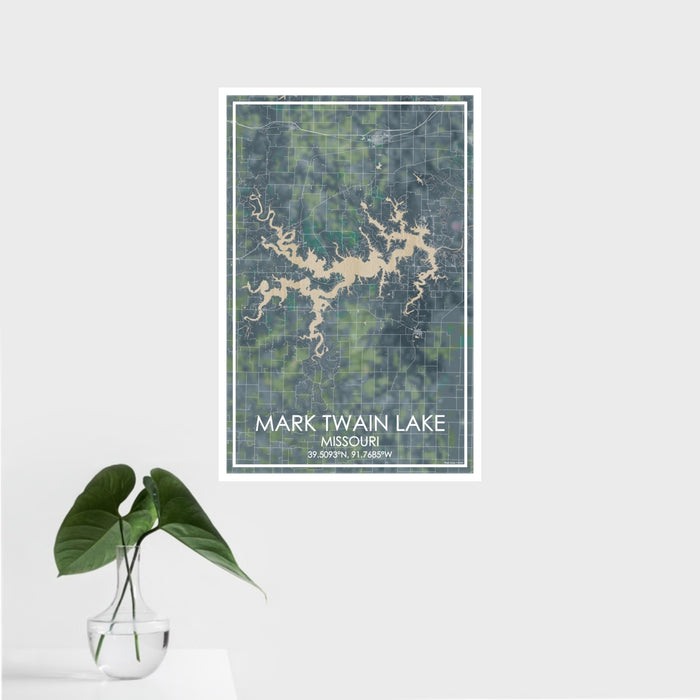 16x24 Mark Twain Lake Missouri Map Print Portrait Orientation in Afternoon Style With Tropical Plant Leaves in Water
