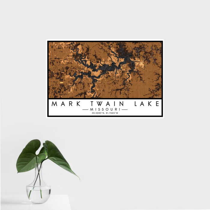 16x24 Mark Twain Lake Missouri Map Print Landscape Orientation in Ember Style With Tropical Plant Leaves in Water