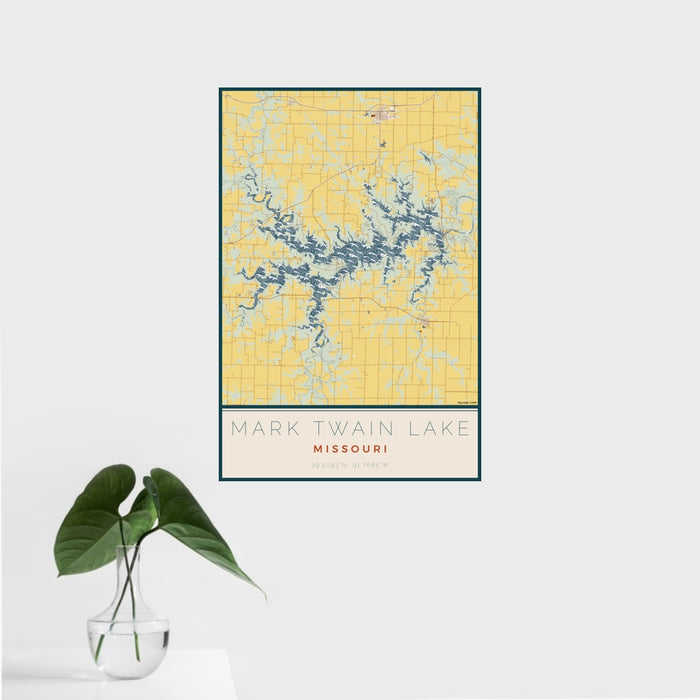 16x24 Mark Twain Lake Missouri Map Print Portrait Orientation in Woodblock Style With Tropical Plant Leaves in Water