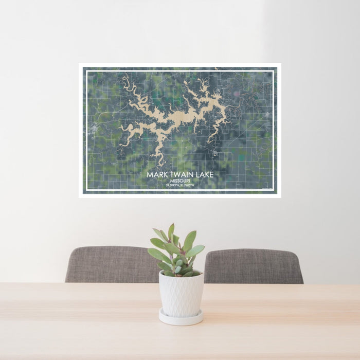 24x36 Mark Twain Lake Missouri Map Print Lanscape Orientation in Afternoon Style Behind 2 Chairs Table and Potted Plant