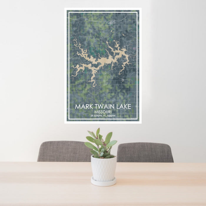 24x36 Mark Twain Lake Missouri Map Print Portrait Orientation in Afternoon Style Behind 2 Chairs Table and Potted Plant