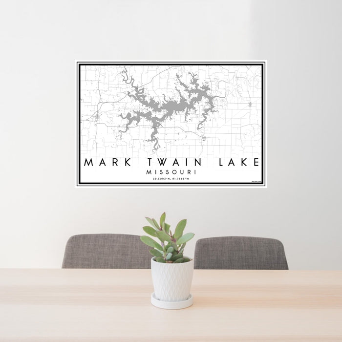24x36 Mark Twain Lake Missouri Map Print Lanscape Orientation in Classic Style Behind 2 Chairs Table and Potted Plant
