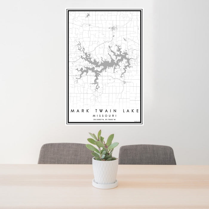 24x36 Mark Twain Lake Missouri Map Print Portrait Orientation in Classic Style Behind 2 Chairs Table and Potted Plant