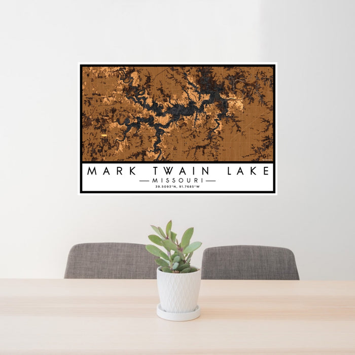 24x36 Mark Twain Lake Missouri Map Print Lanscape Orientation in Ember Style Behind 2 Chairs Table and Potted Plant