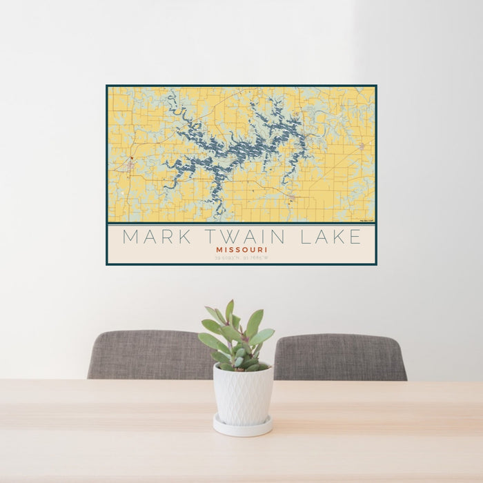 24x36 Mark Twain Lake Missouri Map Print Lanscape Orientation in Woodblock Style Behind 2 Chairs Table and Potted Plant