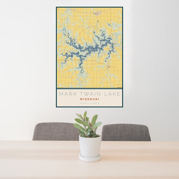 24x36 Mark Twain Lake Missouri Map Print Portrait Orientation in Woodblock Style Behind 2 Chairs Table and Potted Plant