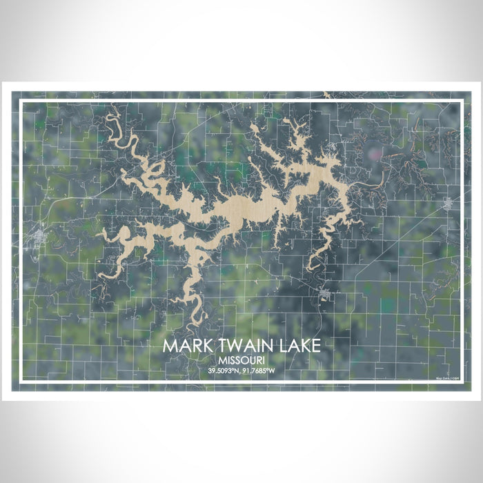 Mark Twain Lake Missouri Map Print Landscape Orientation in Afternoon Style With Shaded Background