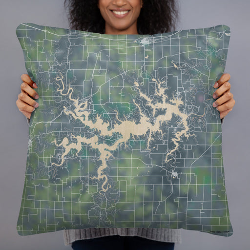 Person holding 22x22 Custom Mark Twain Lake Missouri Map Throw Pillow in Afternoon