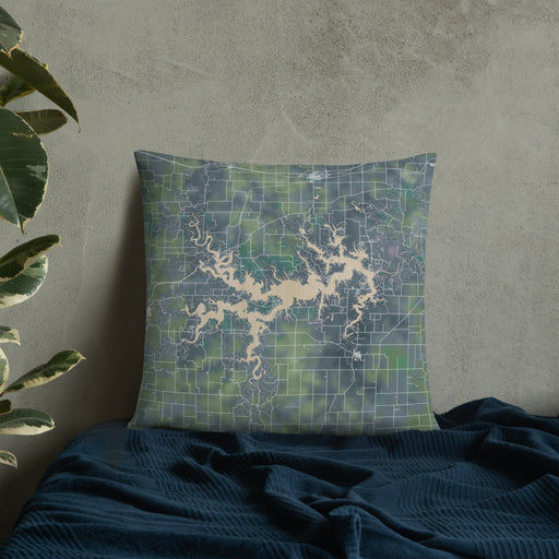 Custom Mark Twain Lake Missouri Map Throw Pillow in Afternoon on Bedding Against Wall