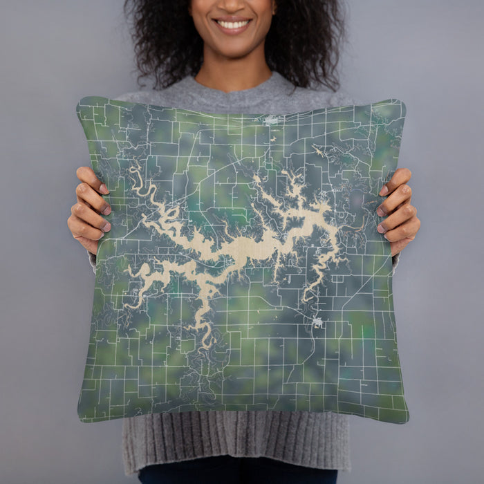 Person holding 18x18 Custom Mark Twain Lake Missouri Map Throw Pillow in Afternoon