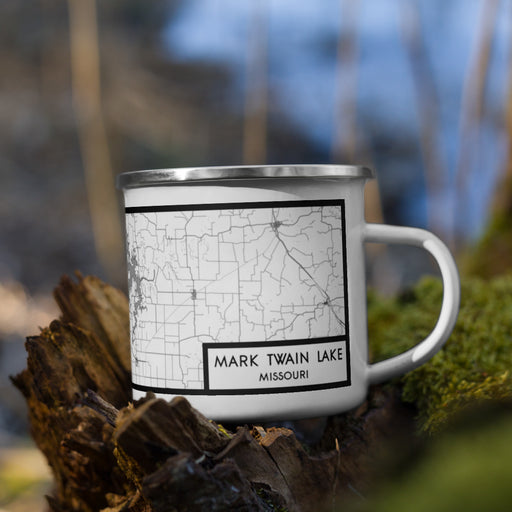 Right View Custom Mark Twain Lake Missouri Map Enamel Mug in Classic on Grass With Trees in Background