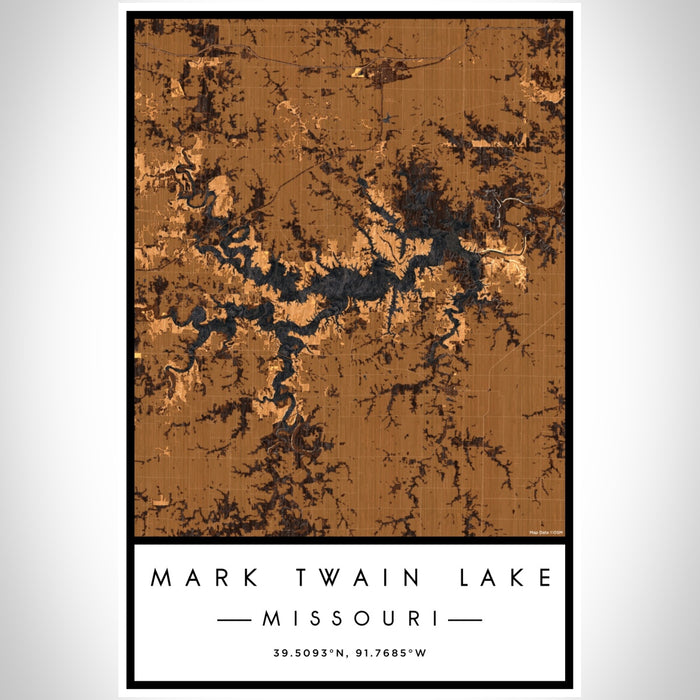 Mark Twain Lake Missouri Map Print Portrait Orientation in Ember Style With Shaded Background