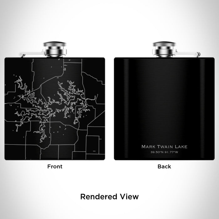 Rendered View of Mark Twain Lake Missouri Map Engraving on 6oz Stainless Steel Flask in Black