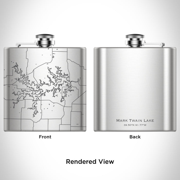 Rendered View of Mark Twain Lake Missouri Map Engraving on 6oz Stainless Steel Flask