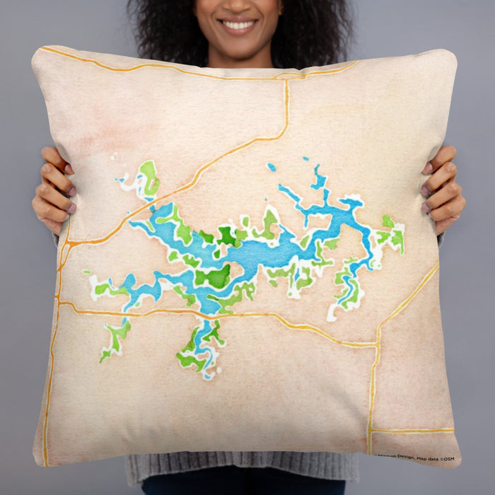 Person holding 22x22 Custom Mark Twain Lake Missouri Map Throw Pillow in Watercolor