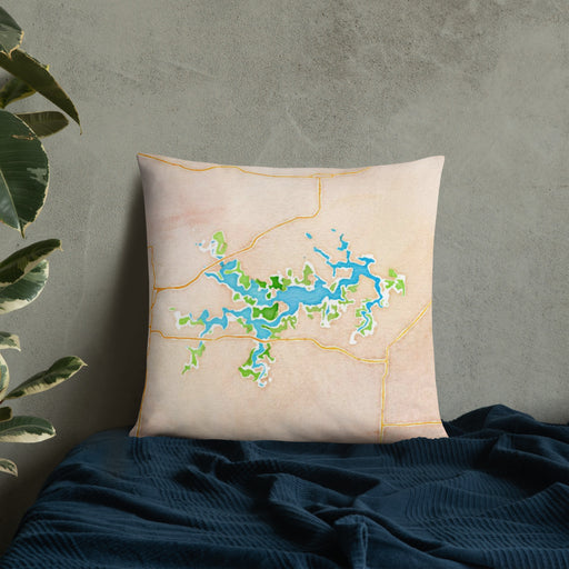 Custom Mark Twain Lake Missouri Map Throw Pillow in Watercolor on Bedding Against Wall