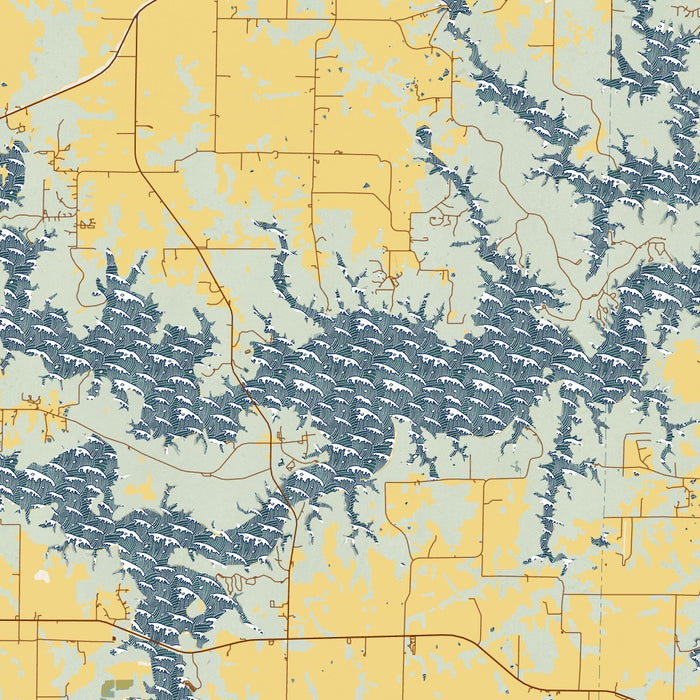 Mark Twain Lake Missouri Map Print in Woodblock Style Zoomed In Close Up Showing Details