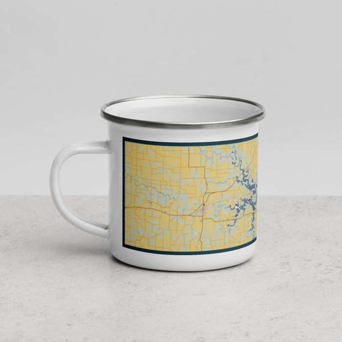 Left View Custom Mark Twain Lake Missouri Map Enamel Mug in Woodblock