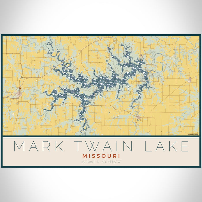 Mark Twain Lake Missouri Map Print Landscape Orientation in Woodblock Style With Shaded Background