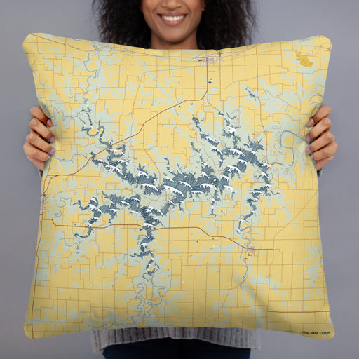 Person holding 22x22 Custom Mark Twain Lake Missouri Map Throw Pillow in Woodblock