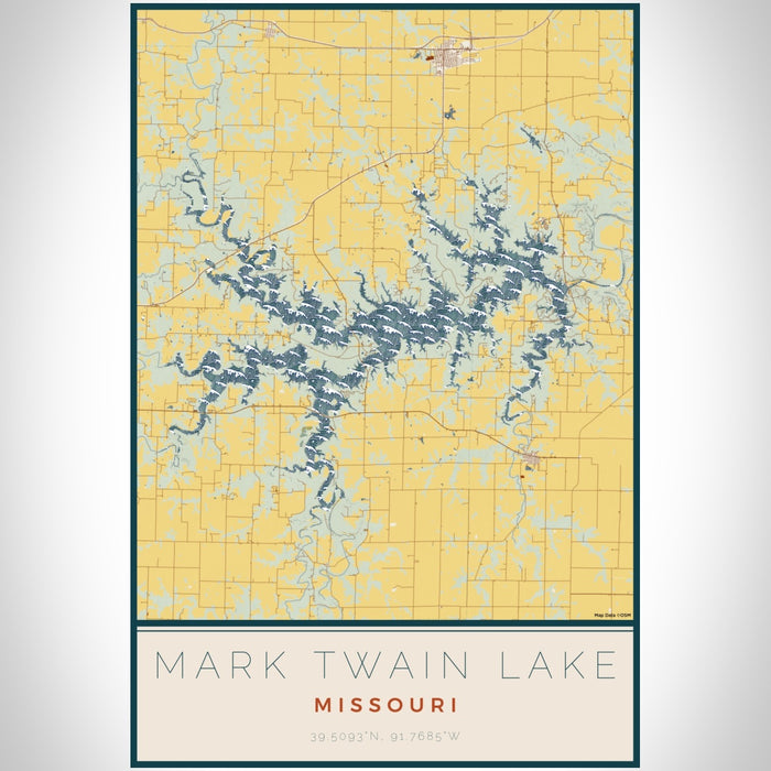 Mark Twain Lake Missouri Map Print Portrait Orientation in Woodblock Style With Shaded Background