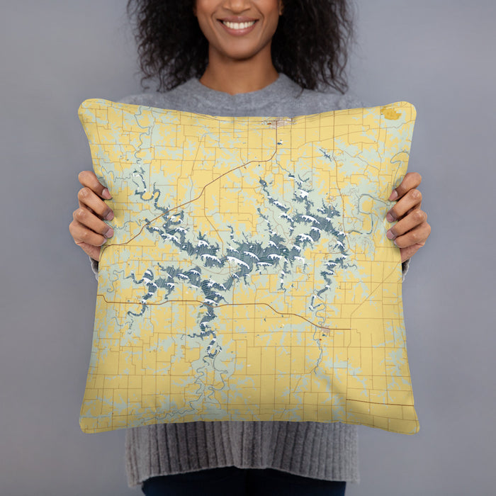 Person holding 18x18 Custom Mark Twain Lake Missouri Map Throw Pillow in Woodblock