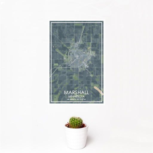 12x18 Marshall Minnesota Map Print Portrait Orientation in Afternoon Style With Small Cactus Plant in White Planter