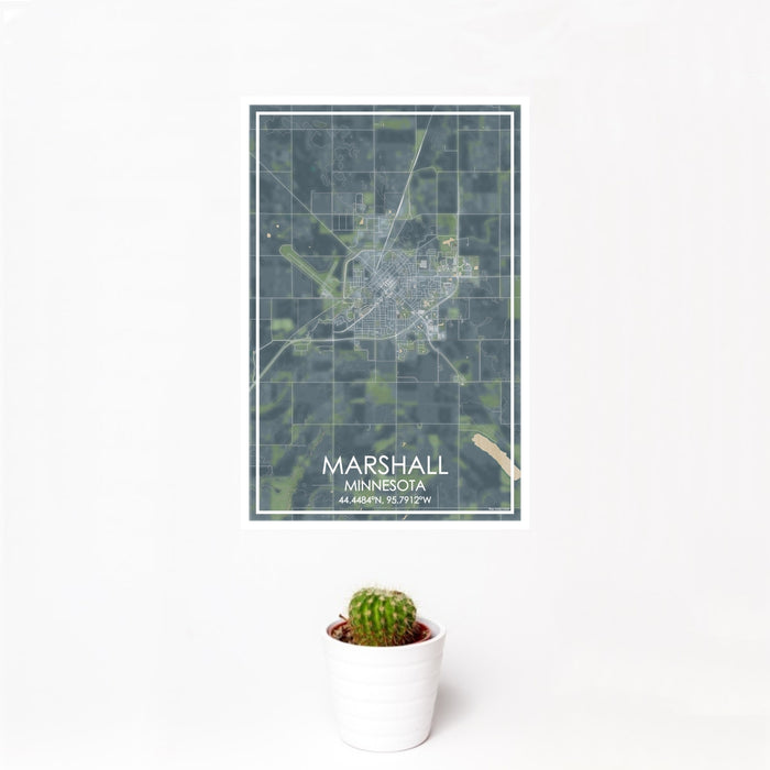 12x18 Marshall Minnesota Map Print Portrait Orientation in Afternoon Style With Small Cactus Plant in White Planter