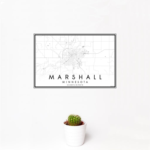 12x18 Marshall Minnesota Map Print Landscape Orientation in Classic Style With Small Cactus Plant in White Planter