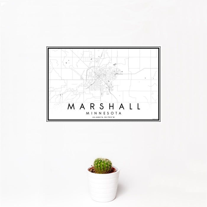 12x18 Marshall Minnesota Map Print Landscape Orientation in Classic Style With Small Cactus Plant in White Planter