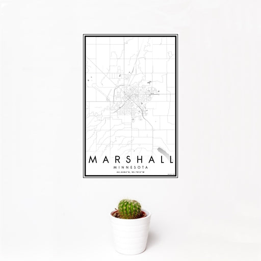 12x18 Marshall Minnesota Map Print Portrait Orientation in Classic Style With Small Cactus Plant in White Planter