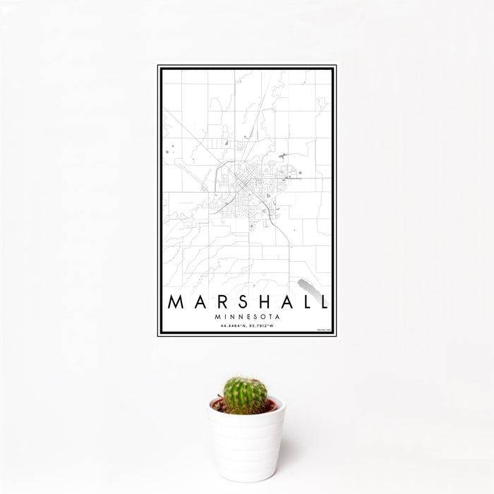 12x18 Marshall Minnesota Map Print Portrait Orientation in Classic Style With Small Cactus Plant in White Planter