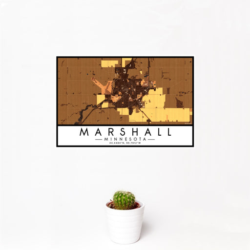 12x18 Marshall Minnesota Map Print Landscape Orientation in Ember Style With Small Cactus Plant in White Planter