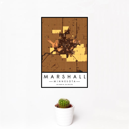 12x18 Marshall Minnesota Map Print Portrait Orientation in Ember Style With Small Cactus Plant in White Planter