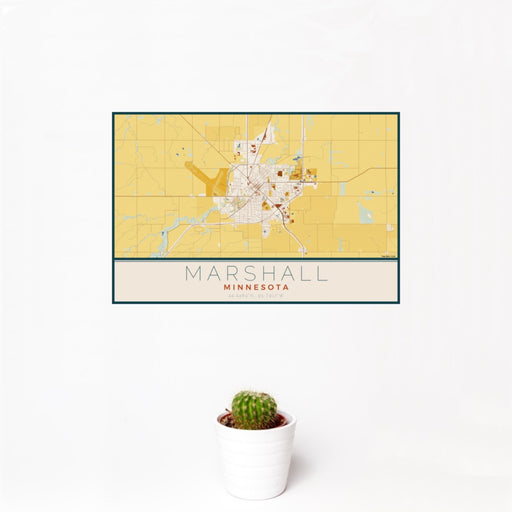 12x18 Marshall Minnesota Map Print Landscape Orientation in Woodblock Style With Small Cactus Plant in White Planter