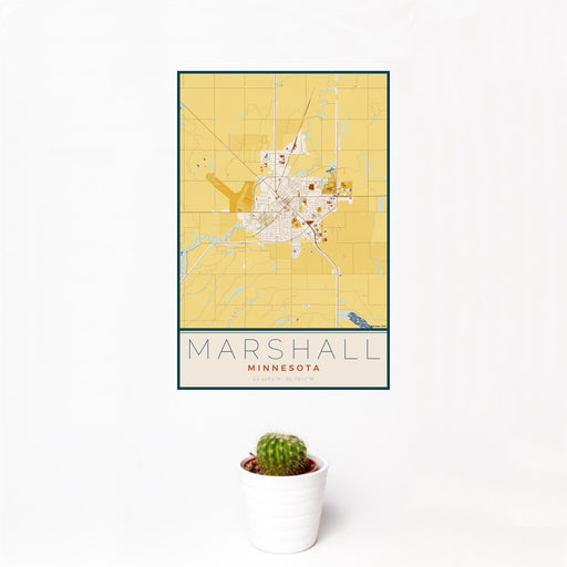 12x18 Marshall Minnesota Map Print Portrait Orientation in Woodblock Style With Small Cactus Plant in White Planter