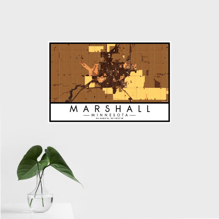 16x24 Marshall Minnesota Map Print Landscape Orientation in Ember Style With Tropical Plant Leaves in Water