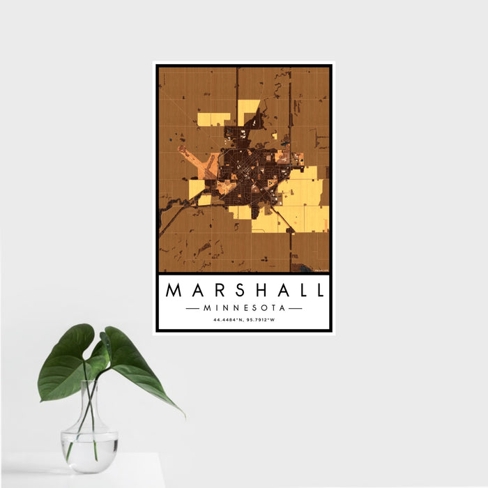 16x24 Marshall Minnesota Map Print Portrait Orientation in Ember Style With Tropical Plant Leaves in Water