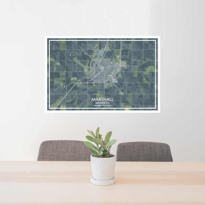 24x36 Marshall Minnesota Map Print Lanscape Orientation in Afternoon Style Behind 2 Chairs Table and Potted Plant