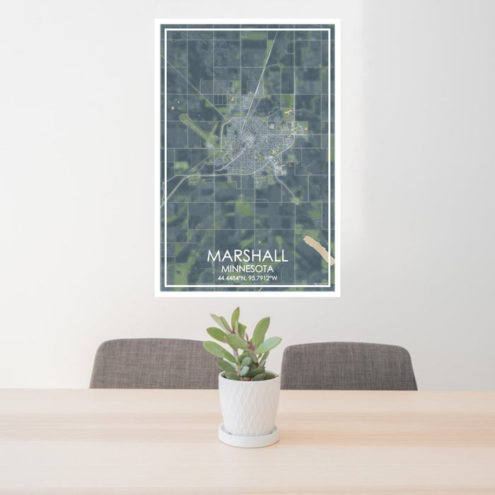 24x36 Marshall Minnesota Map Print Portrait Orientation in Afternoon Style Behind 2 Chairs Table and Potted Plant