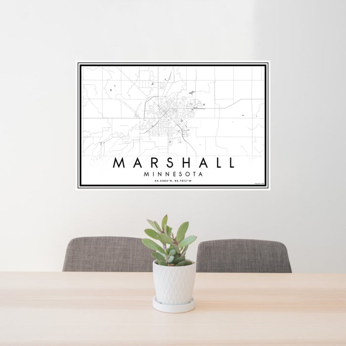 24x36 Marshall Minnesota Map Print Lanscape Orientation in Classic Style Behind 2 Chairs Table and Potted Plant