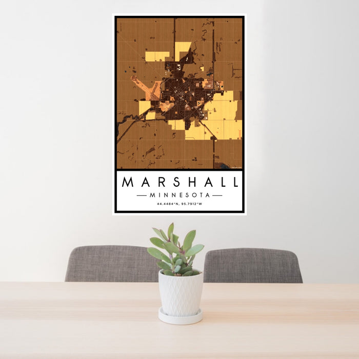 24x36 Marshall Minnesota Map Print Portrait Orientation in Ember Style Behind 2 Chairs Table and Potted Plant