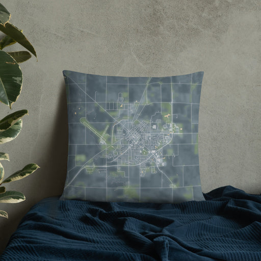 Custom Marshall Minnesota Map Throw Pillow in Afternoon on Bedding Against Wall