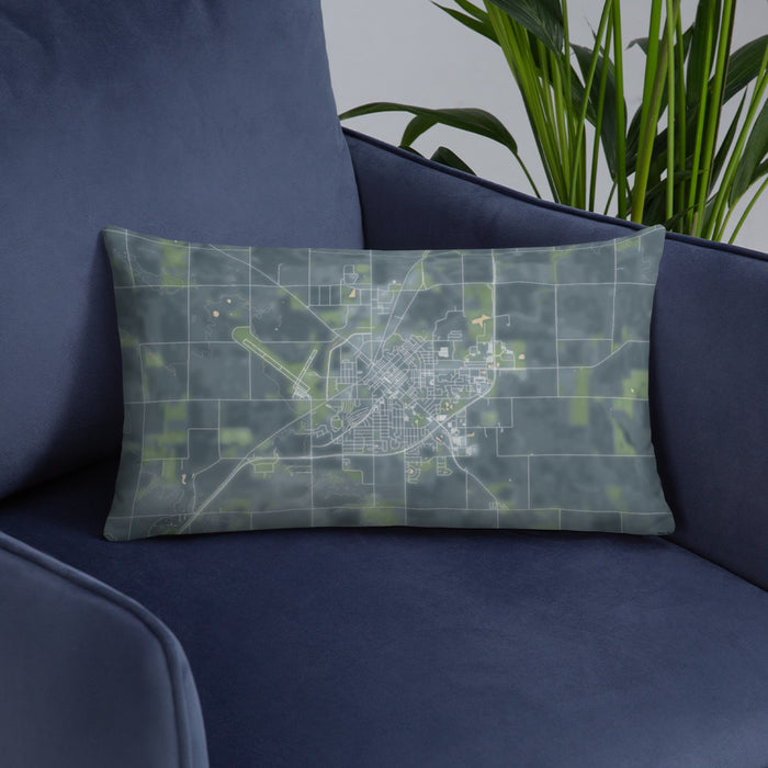 Custom Marshall Minnesota Map Throw Pillow in Afternoon on Blue Colored Chair