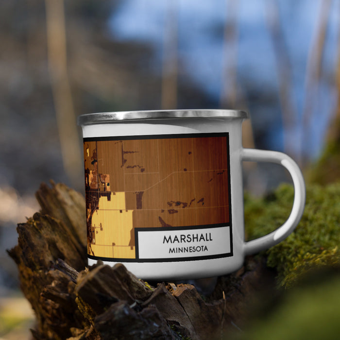 Right View Custom Marshall Minnesota Map Enamel Mug in Ember on Grass With Trees in Background