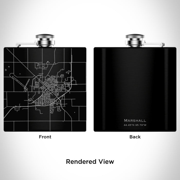 Rendered View of Marshall Minnesota Map Engraving on 6oz Stainless Steel Flask in Black